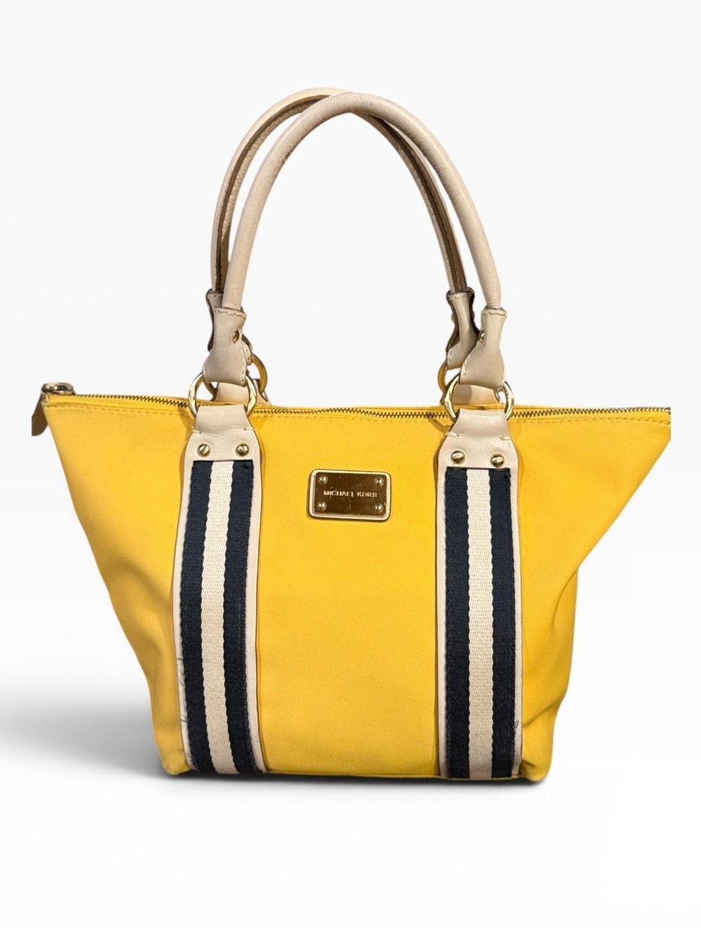 Michael Kors Yellow Canvas Tote Navy Stripe